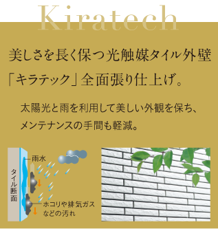 美しさを長く保つ光触媒タイル外壁「キラテック」全面張り仕上げ。